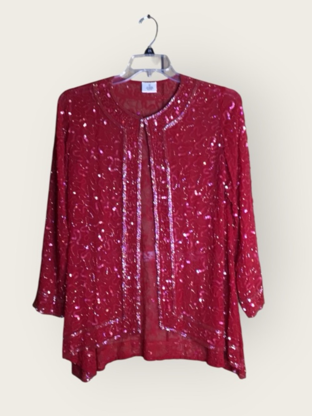 Red 100% Silk Sequin Beaded Open Front Evening Jacket Size S